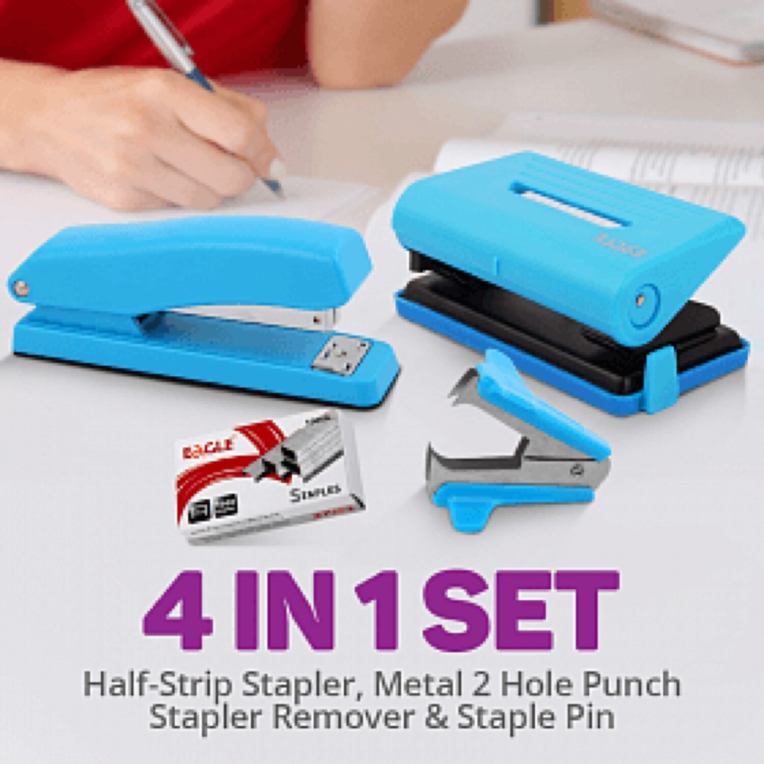 Eagle Stationery Set 4 In 1 Half-Strip Stapler Metal2 Hole Punch S10002