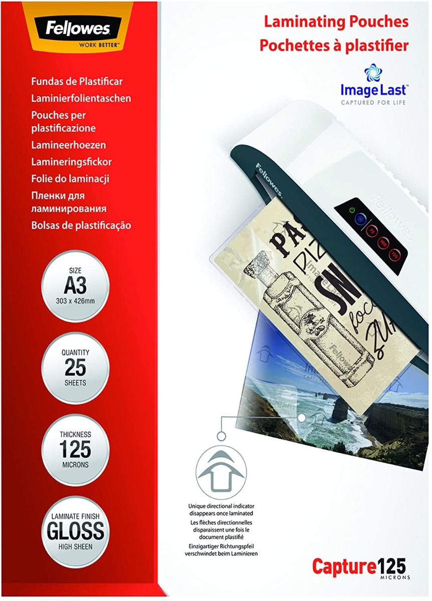 Fellowes A3 125 Micron - Adhesive Back Glossy Laminating Pouches (100 Pack)