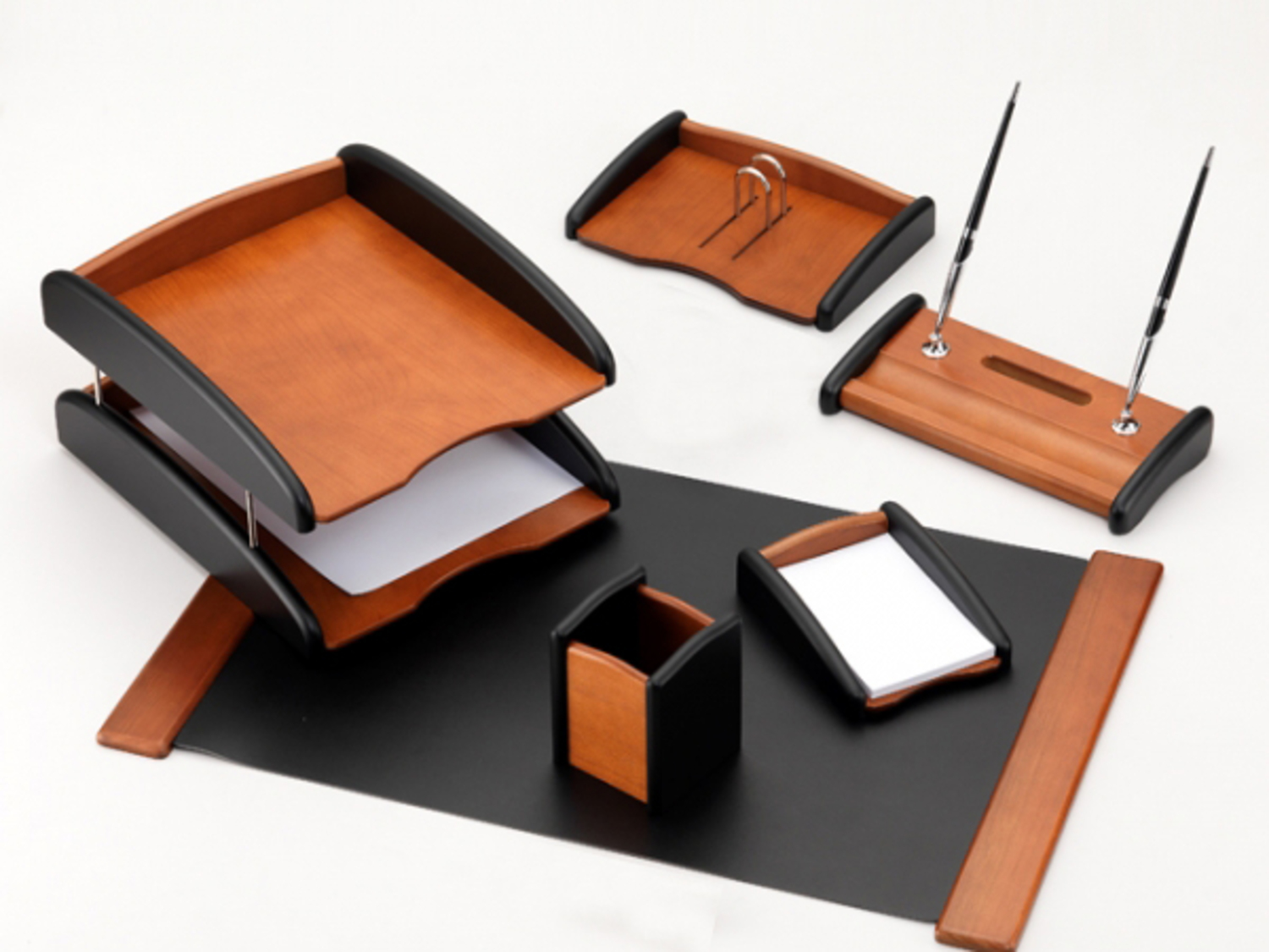 Good Sunrise 6 Piece Desk Set Double Trey Color:Natural Wood